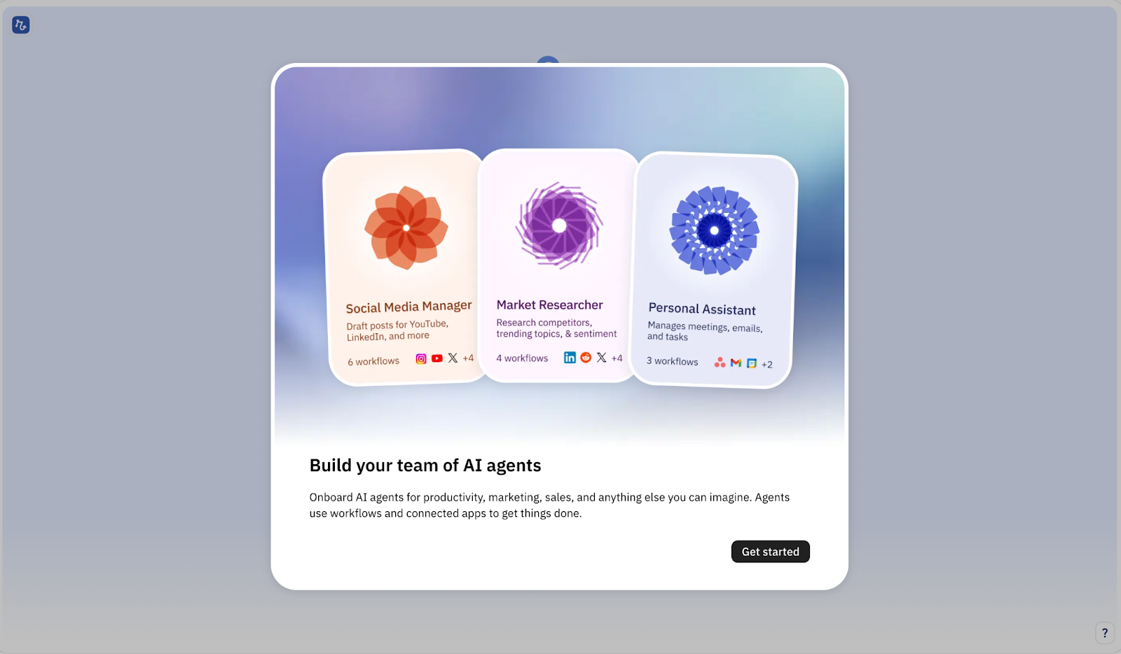 Relay.app's "Build your team of AI agents" pop-up, suggesting a social media manager, market researcher and personal assistant.