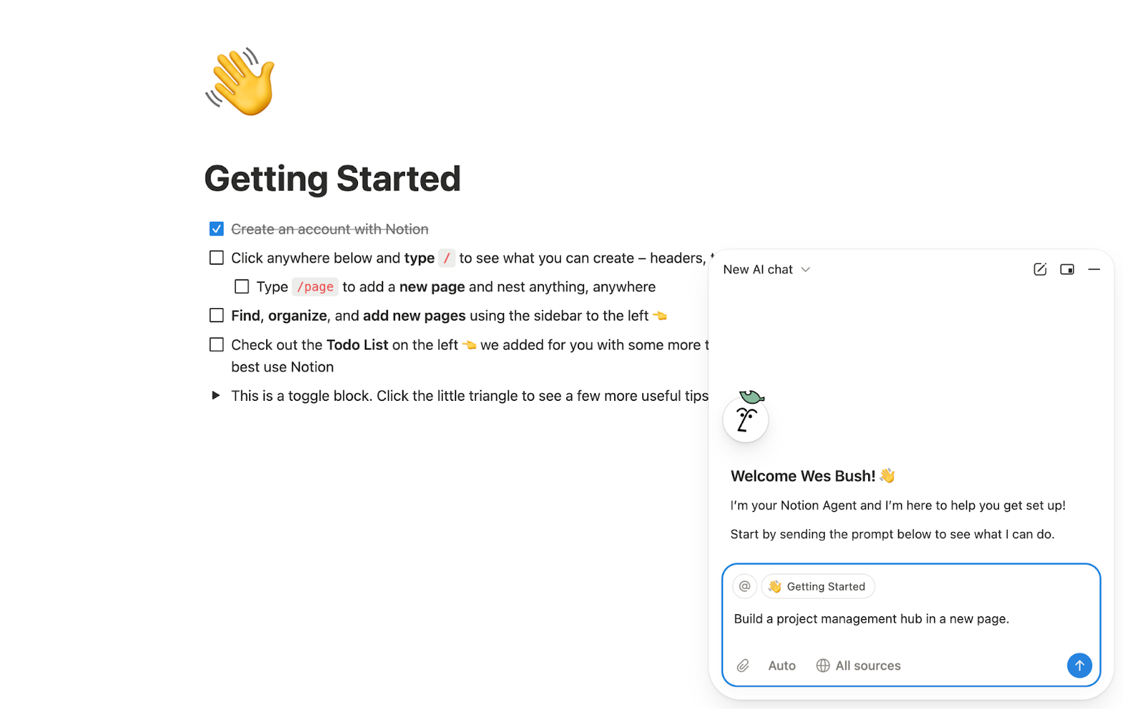 Notion's Getting Started checklist with a Notion Agent chat beside it, welcoming Wes and suggesting a first prompt.