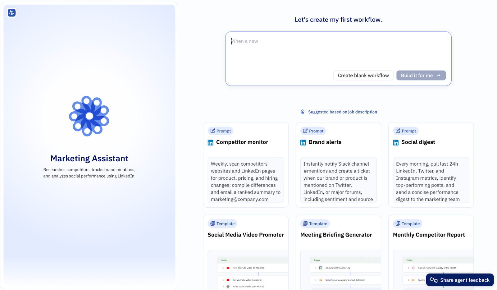 Relay.app's "Let's create my first workflow" page, with AI-suggested workflows for a marketing assistant.