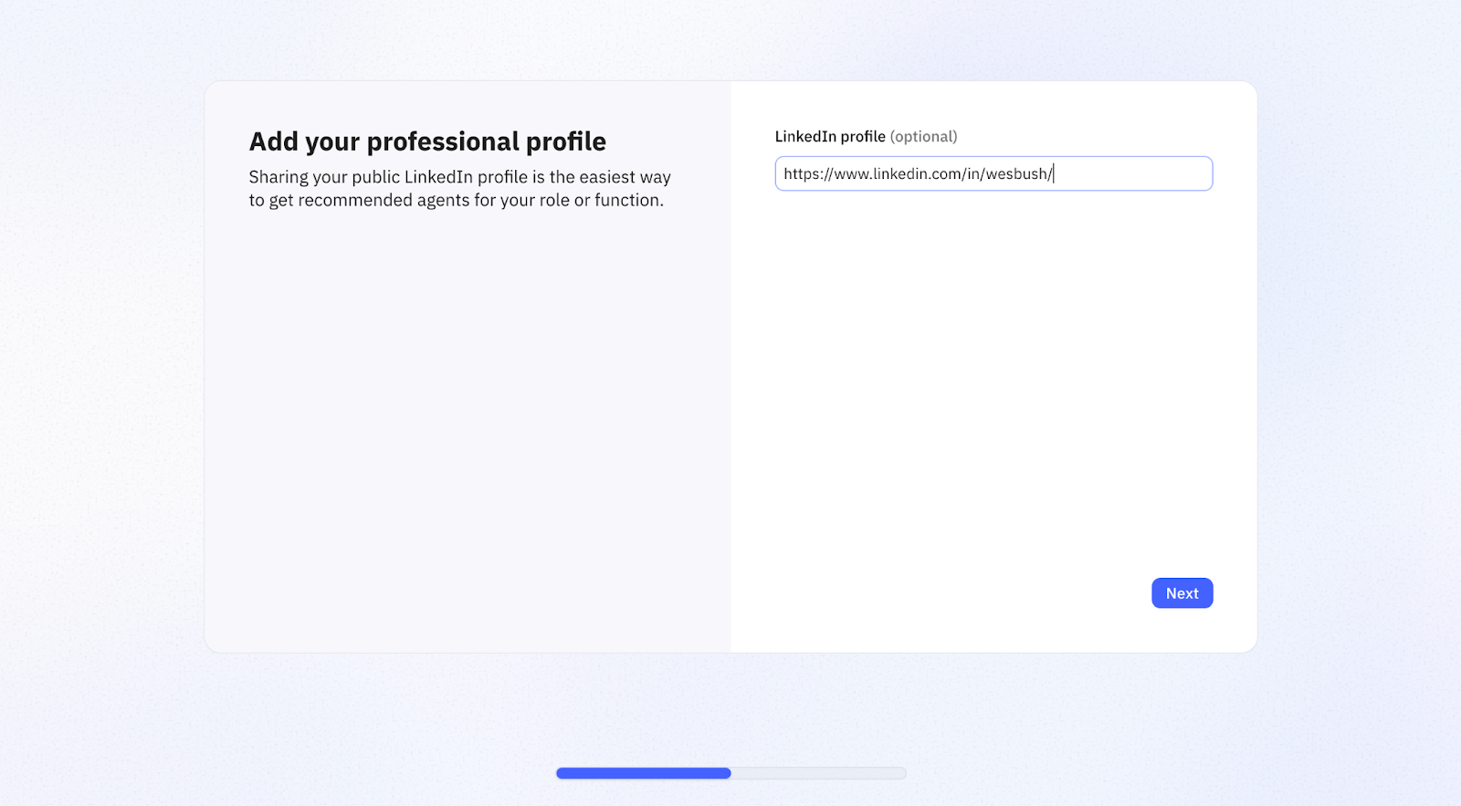 Relay.app onboarding: "Add your professional profile", asking for a LinkedIn URL.