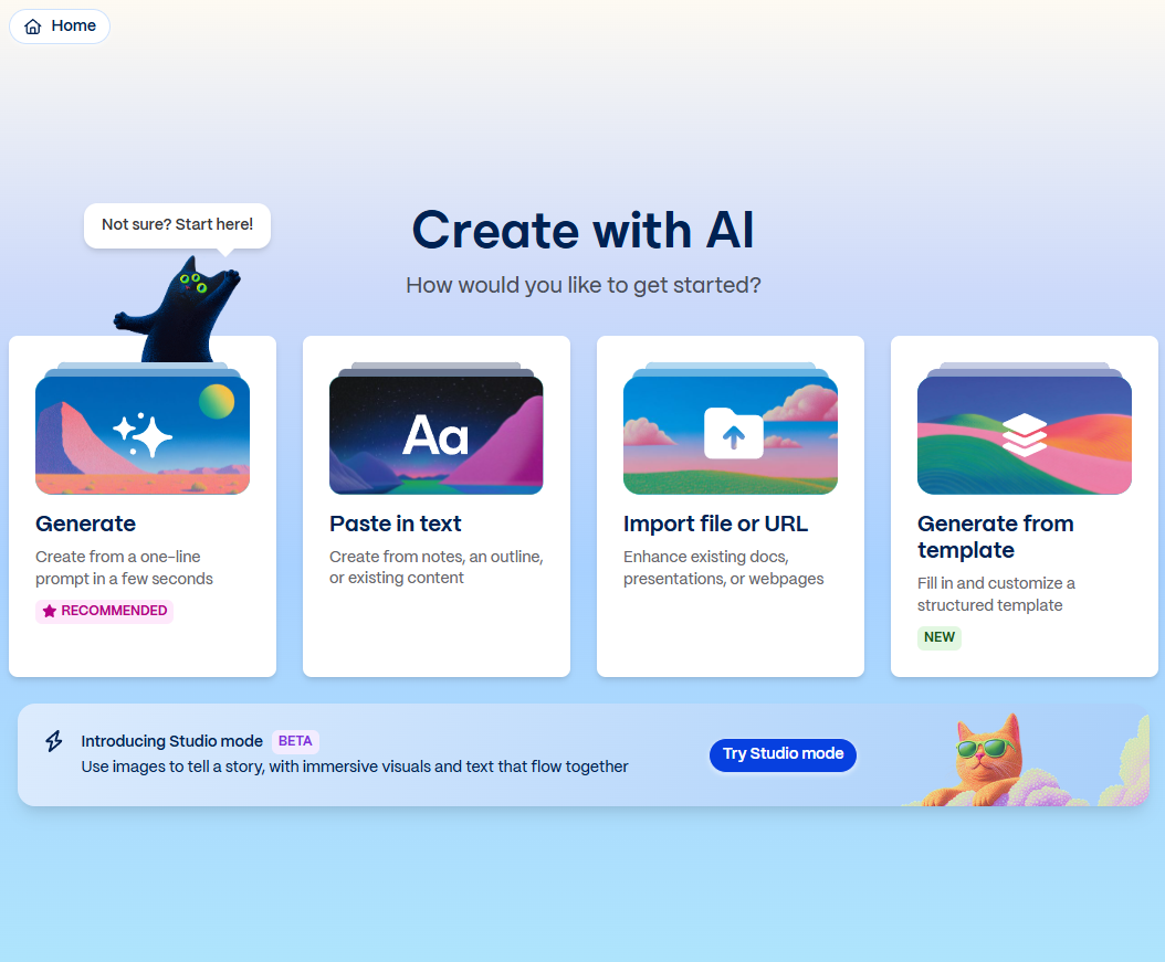 Gamma's "Create with AI" screen, with Generate marked as recommended beside paste in text, import a file and generate from a template.