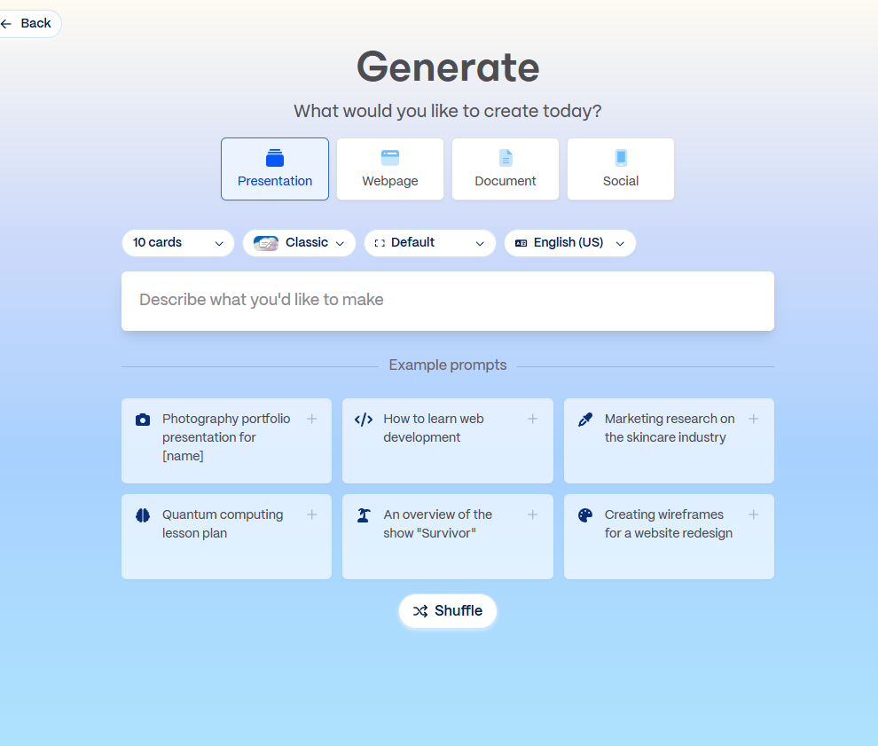 Gamma's Generate page: "What would you like to create today?", with a prompt box and example prompts.