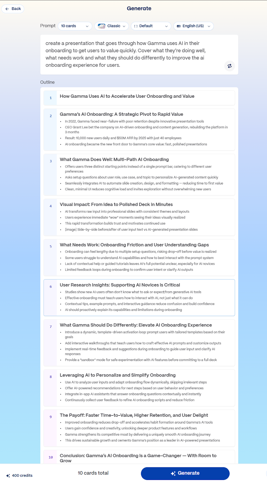 Gamma's generated outline for a presentation, ready to turn into cards.