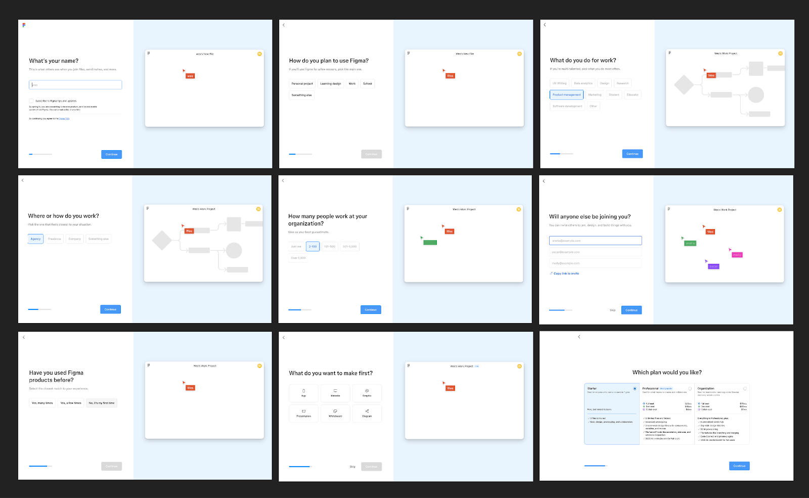 A grid of Figma's onboarding screens, asking questions such as your name, how you plan to use Figma and what you do for work.