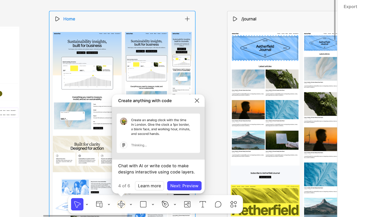 Figma suggesting Make while editing a website design: "Create anything with code".