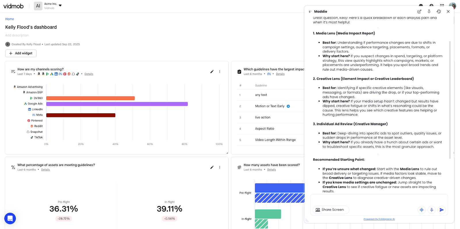 Vidmob's dashboard with an AI agent panel recommending where to start analyzing creative performance.