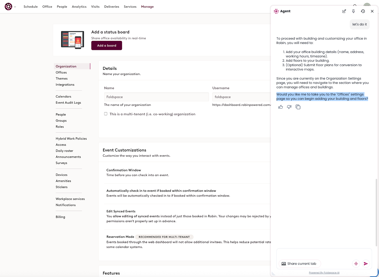 An office management product's settings page with an AI agent panel guiding the user through setting up their office.