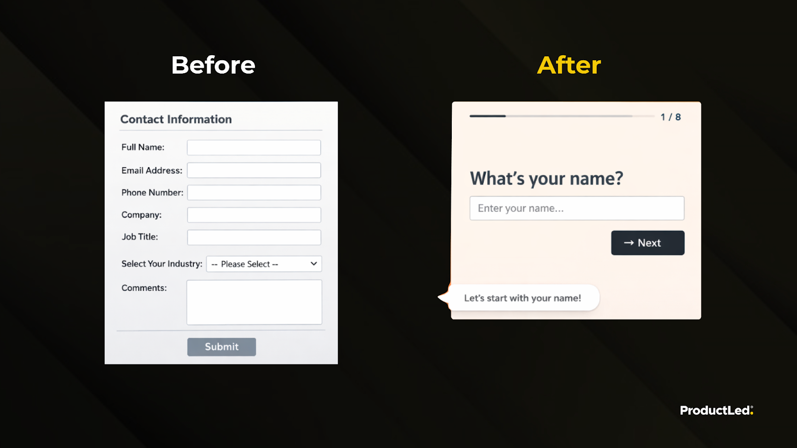 Before and after: a long contact information form vs Typeform's one-question "What's your name?" screen.