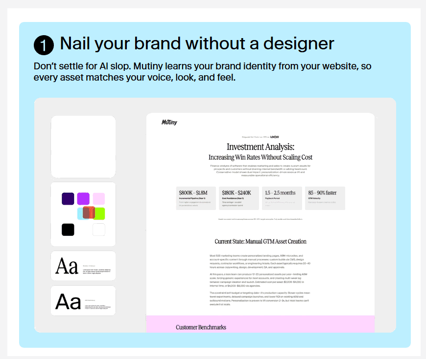 Mutiny's "Nail your brand without a designer" feature, showing brand colors and fonts beside a generated investment analysis document.