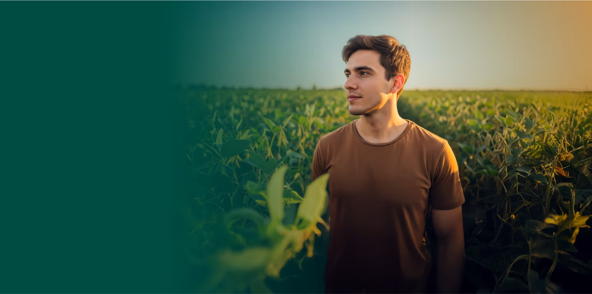 Jovem estudante da graduação olhando para o horizonte em meio a uma grande plantação de soja.