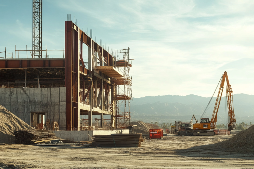 Steel-framed building under construction with scaffolding, heavy machinery, and material stacks on a dusty site near mountains.