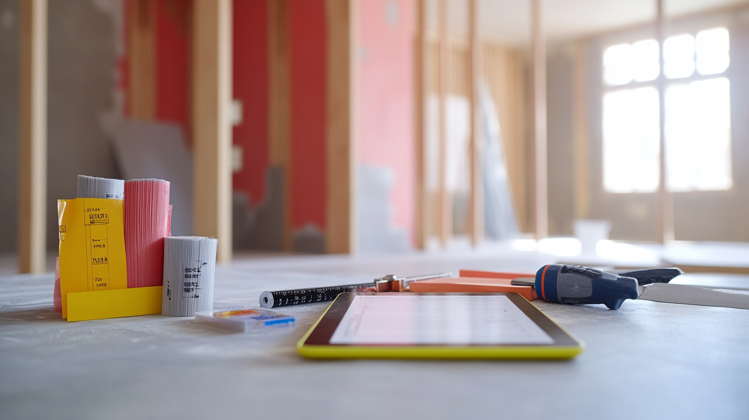 Drywall takeoff setup with a tablet, measurement tools, and materials on a surface inside a partially built interior.