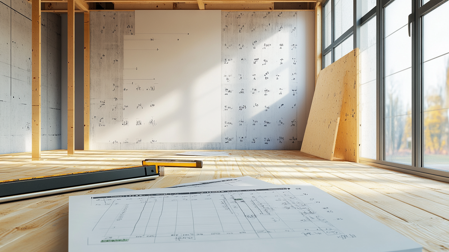Construction site with drywall panels and blueprints on a wooden floor, planning drywall installation in a bright workspace.