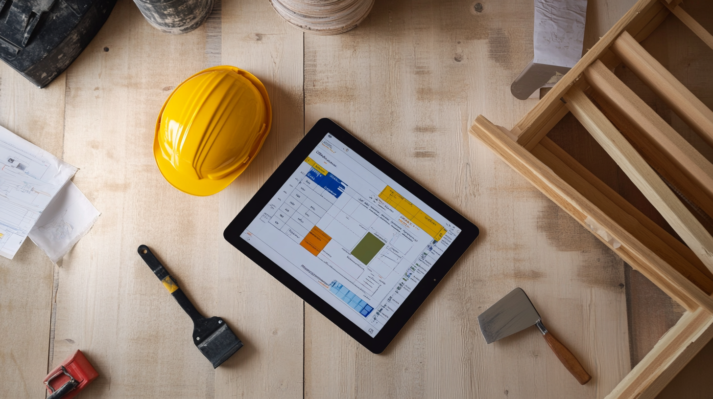 Tablet displaying drywall takeoff software on a wooden table with a hard hat, tools, and construction materials.
