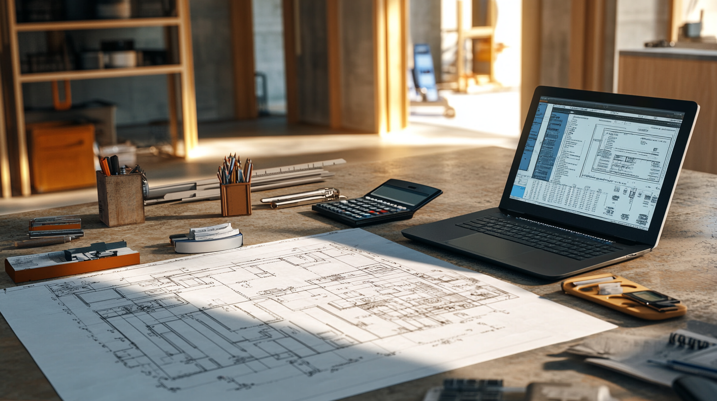 Concrete takeoff setup with blueprints, and a laptop displaying estimation software on a wooden construction site table.