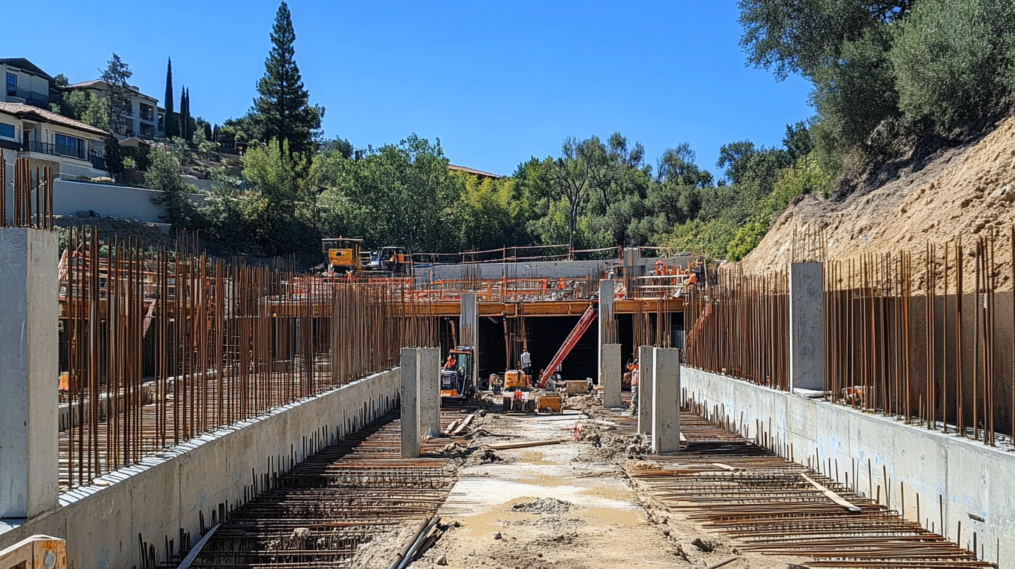 Concrete takeoff showing steel reinforcement bars and foundation work at an excavation site.