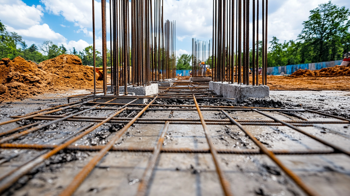 Concrete takeoff with steel reinforcement bars and foundation work at a construction site.