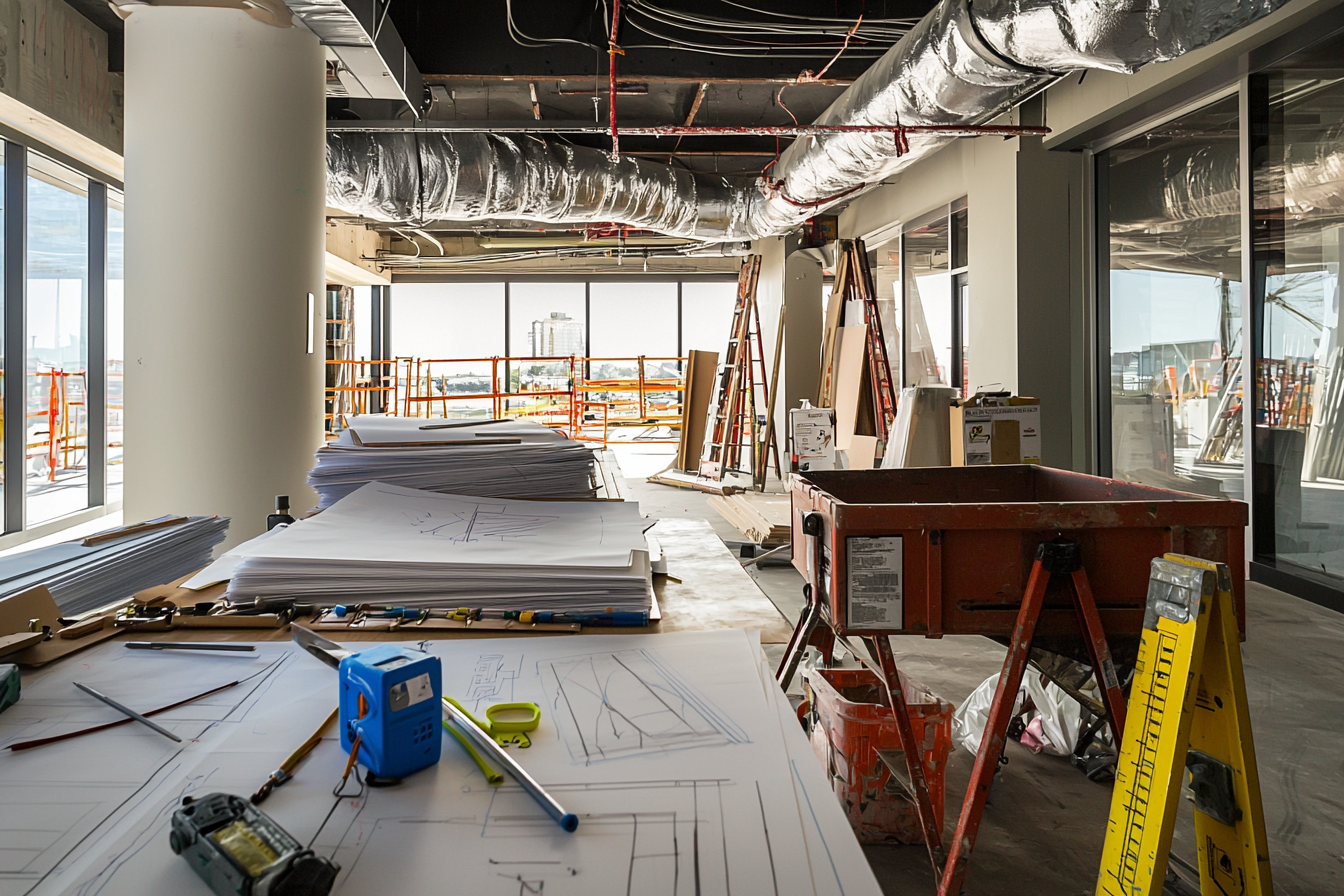 HVAC takeoff in progress with ductwork installation, blueprints, and tools on a construction site.