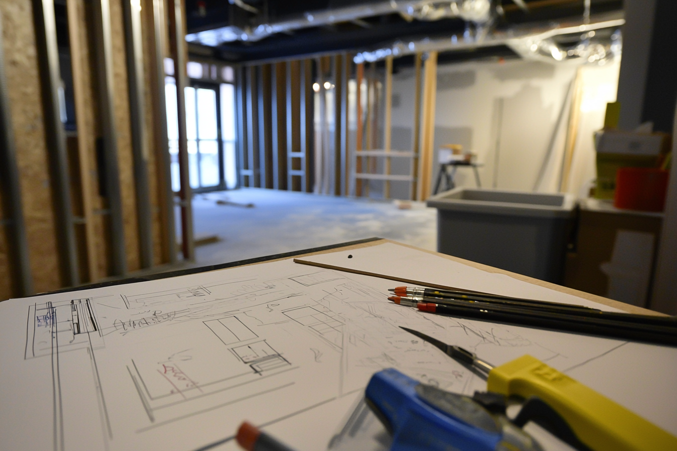 Blueprints and tools on-site for HVAC takeoff, with exposed ductwork and framing in a partially constructed building.