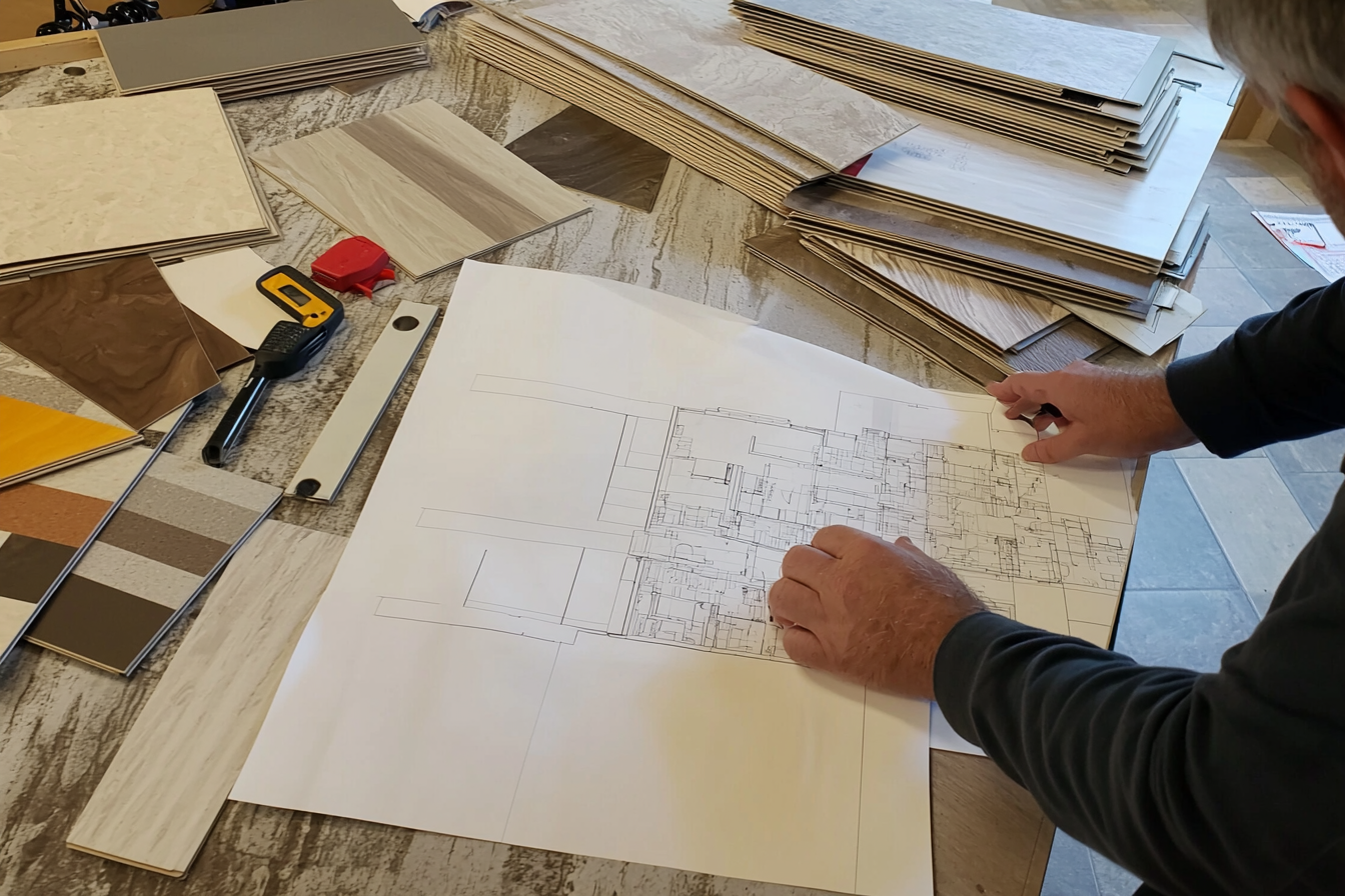 Flooring takeoff assessment with blueprints, material samples, and tools for precise quantity estimation and planning.