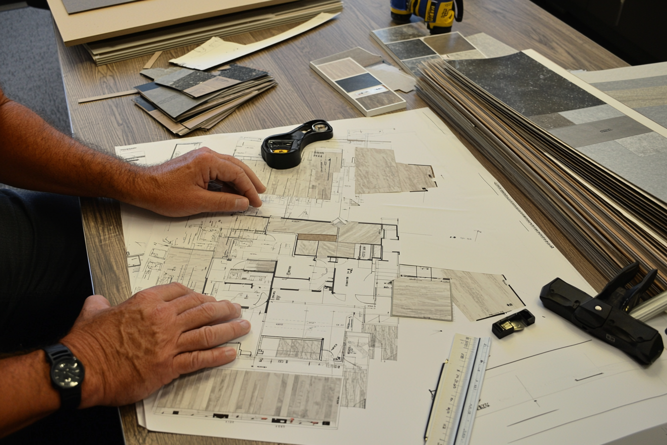 The flooring takeoff process uses blueprints, material samples, and measuring tools for accurate quantity estimation.