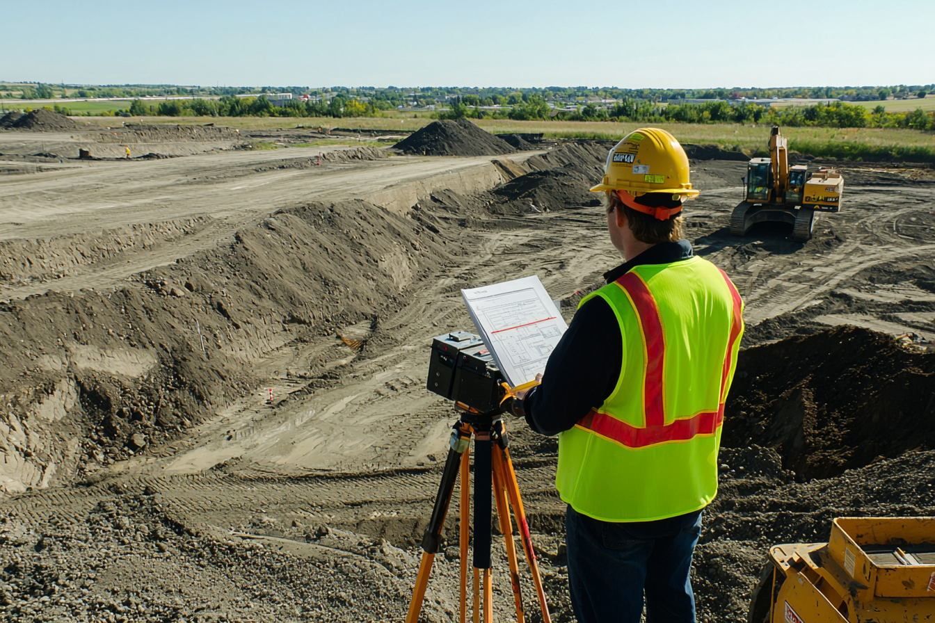 Surveyor conducting earthwork takeoff with site grading plans and equipment to estimate excavation and fill quantities.