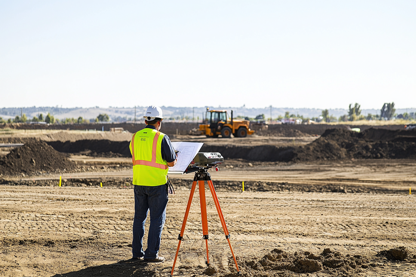 A construction surveyor performs earthwork takeoff and analyzes site grading and excavation plans with measuring equipment.
