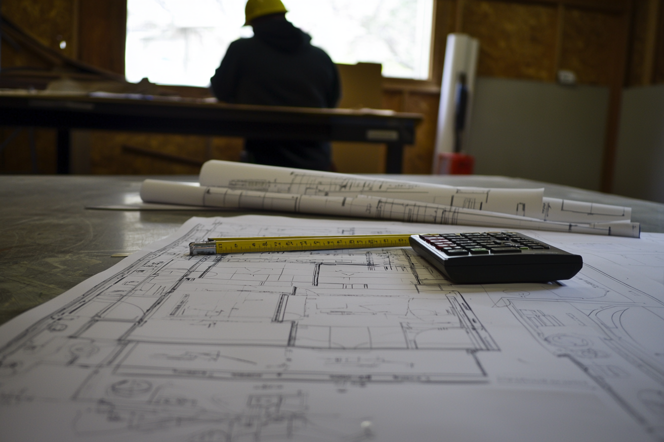 Blueprints, a measuring tape, and a calculator on a table with a contractor in the background reviewing roofing plans.