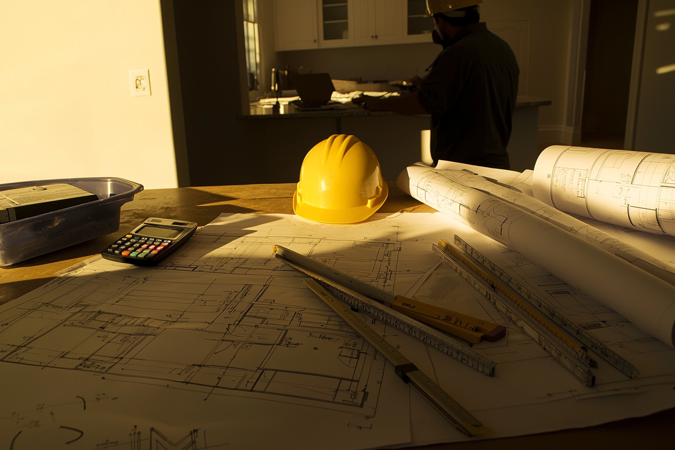 Blueprints, a helmet, and measuring tools on a table with a contractor reviewing roofing plans in a dimly lit workspace.