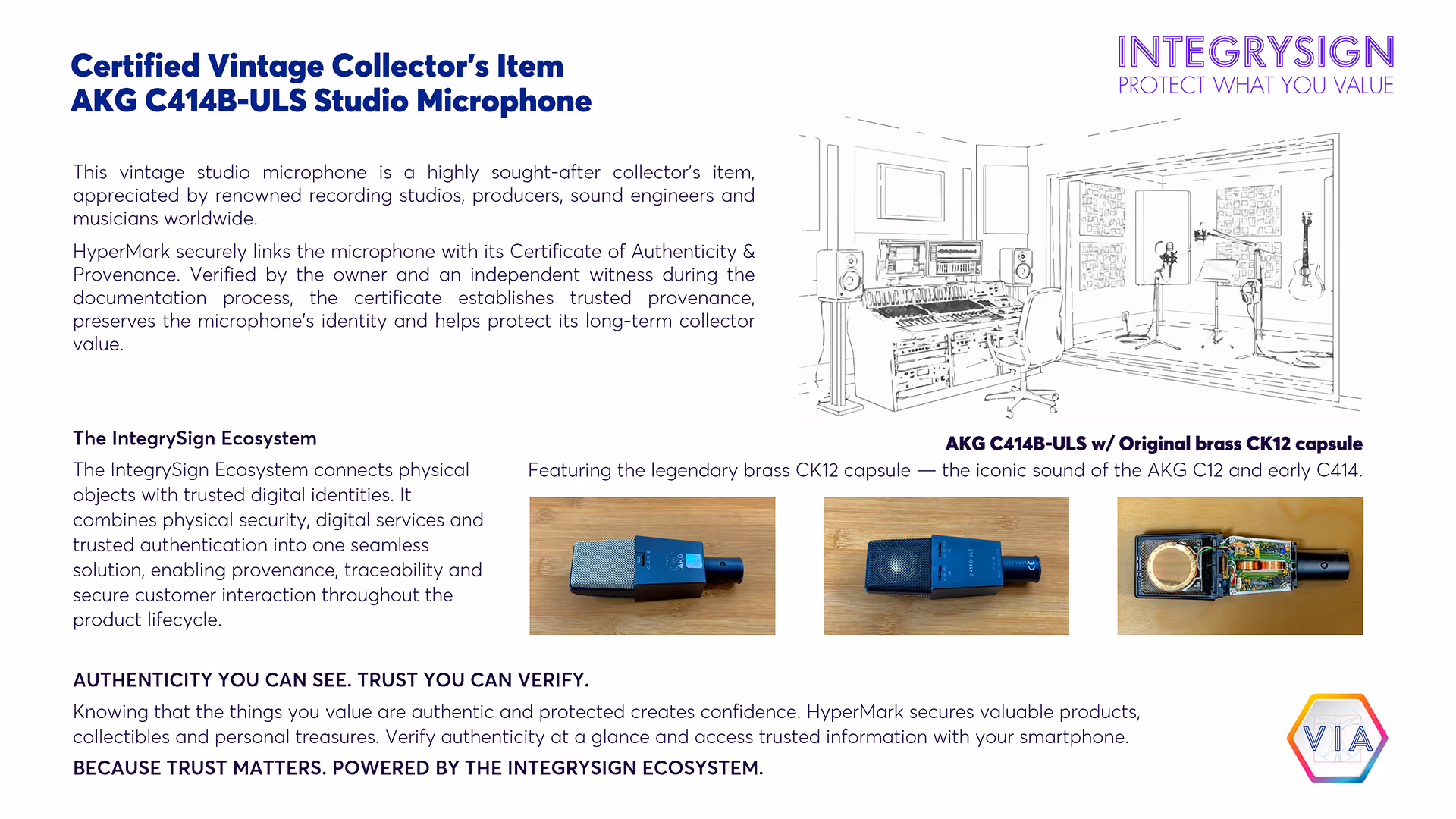 Infographic on the Stradivarius violin by Josefowitz with information on the HyperMark label, the Visual Integrity service and the angle of incidence. Includes a picture of the violin and close-ups of the label.