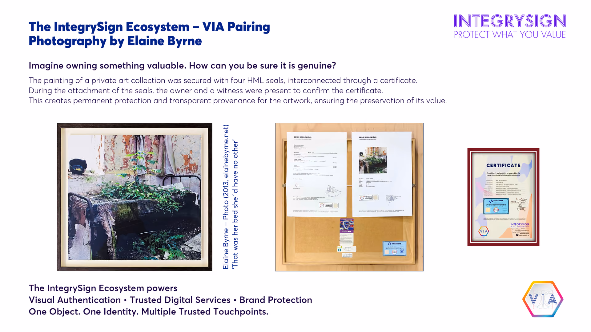Presentation of the IntegrySign ecosystem featuring a framed photo, documentation, and a certificate of authenticity.