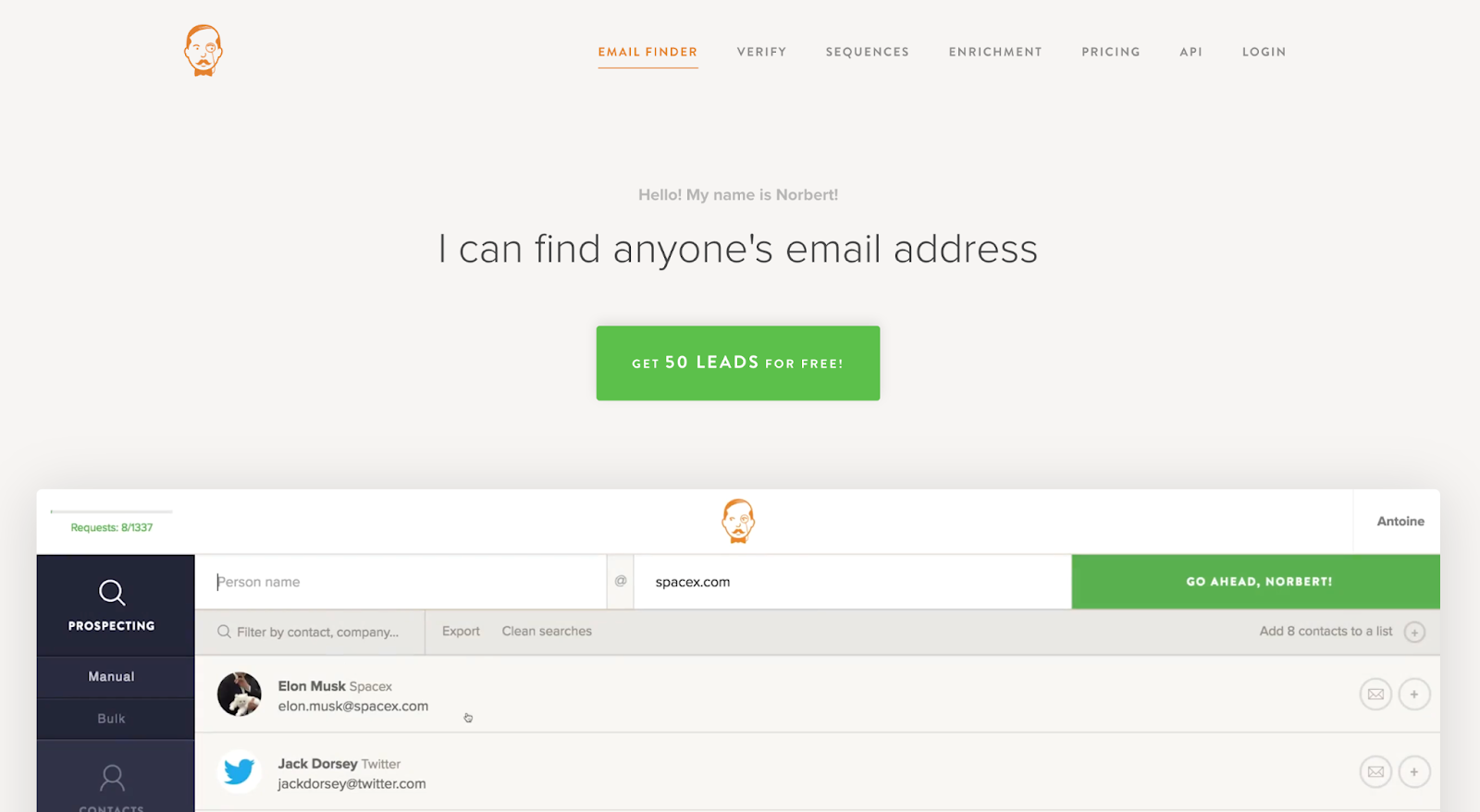 Interface de recherche d'e-mails avec option de prospection de contacts
