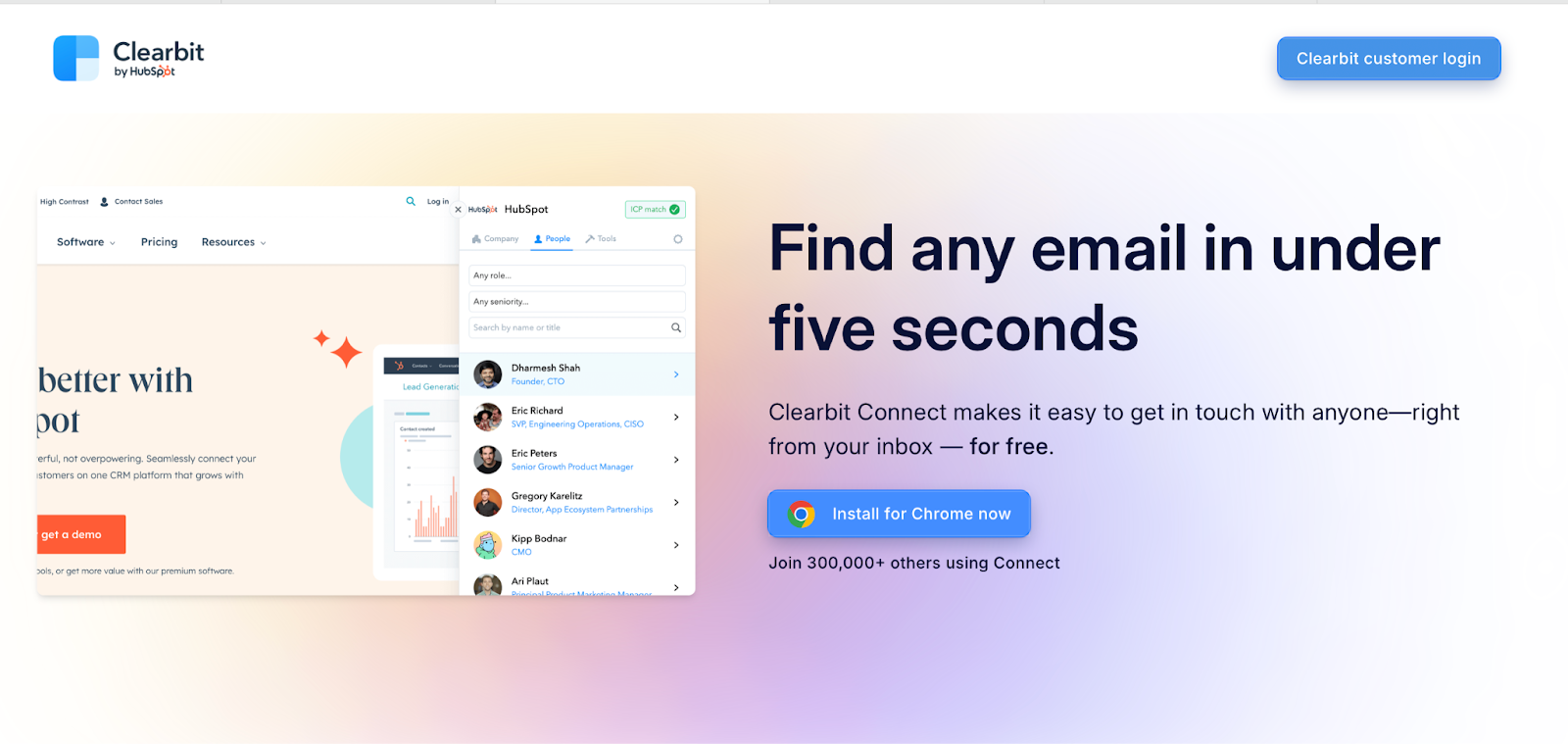 Page de présentation de Clearbit Connect, outil de recherche d'e-mails
