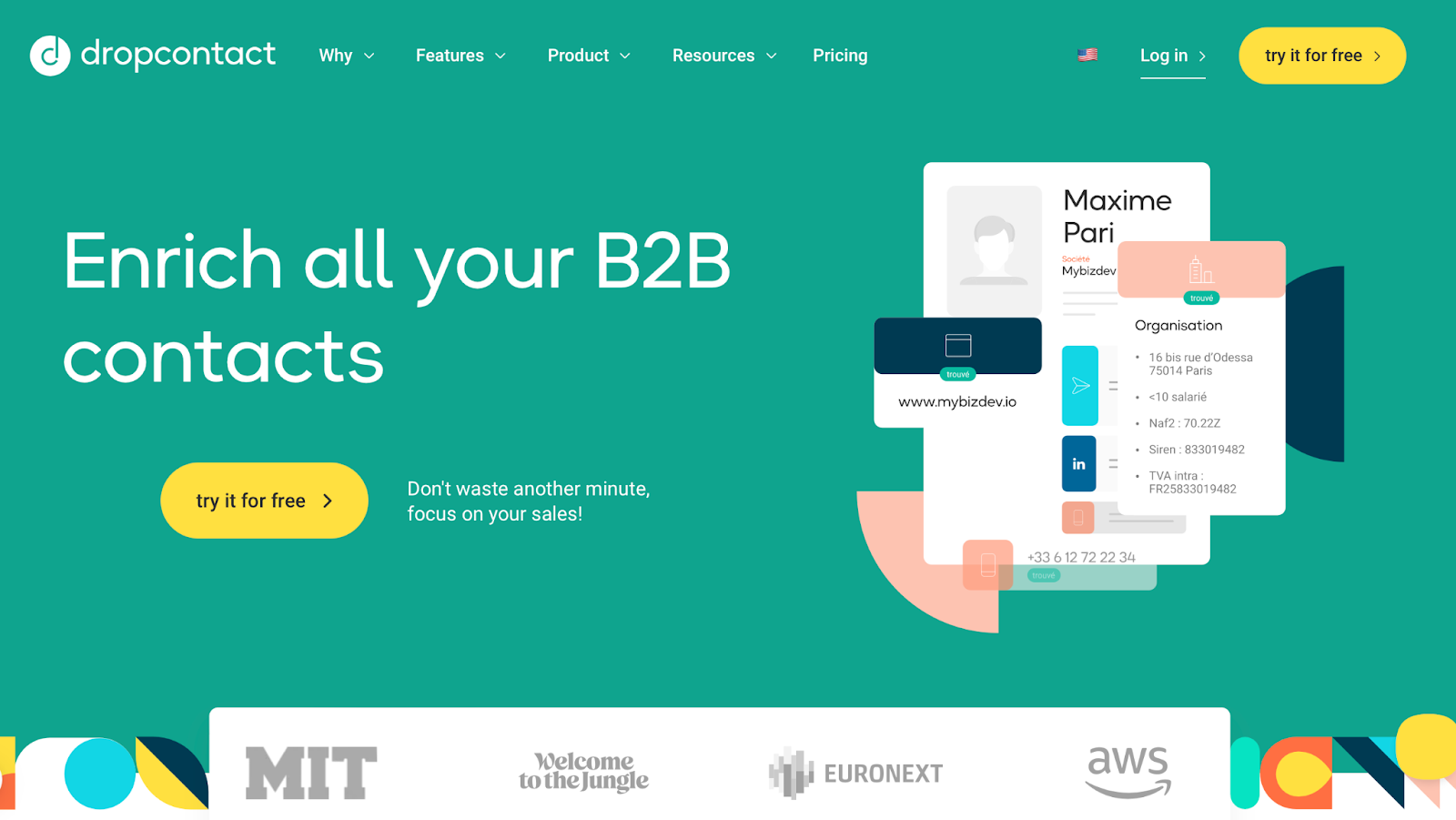 Page de présentation de Dropcontact pour l'enrichissement de contacts B2B