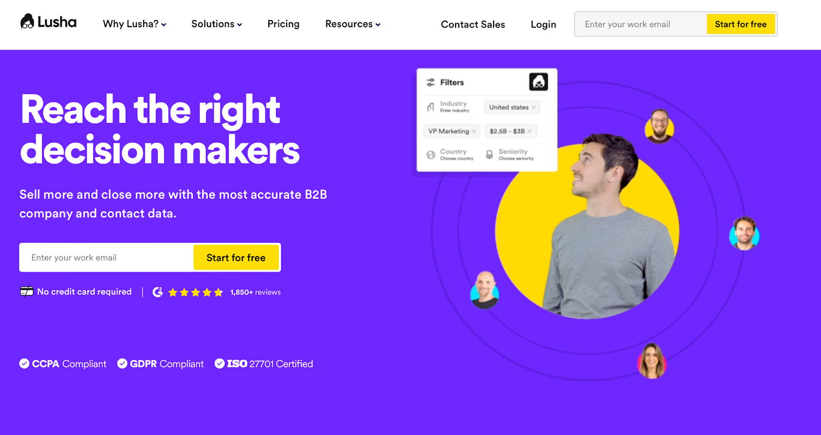 Page d'accueil de Lusha pour atteindre les décideurs B2B