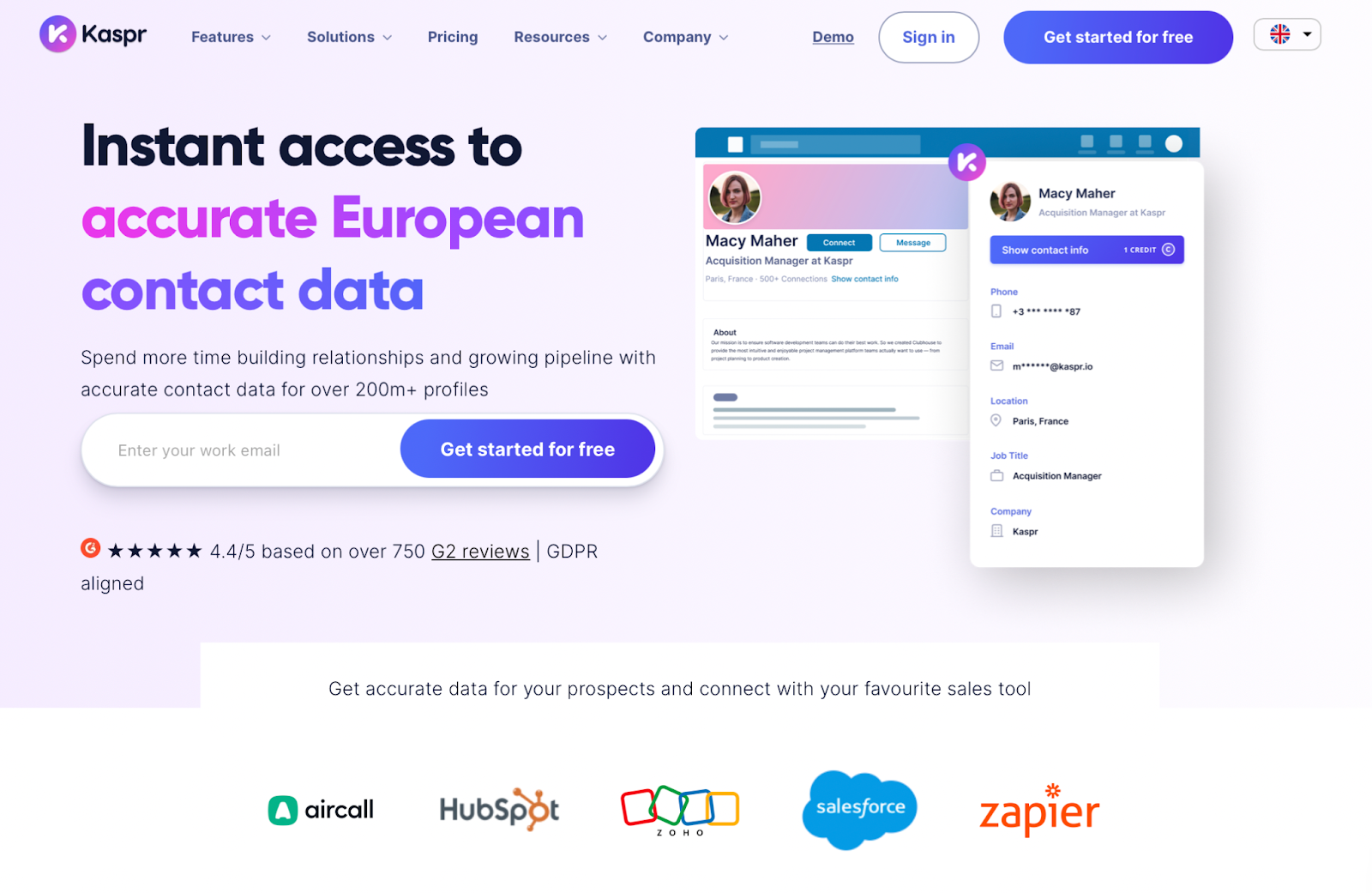 Page d'accueil de Kaspr pour l'accès aux données de contact européennes