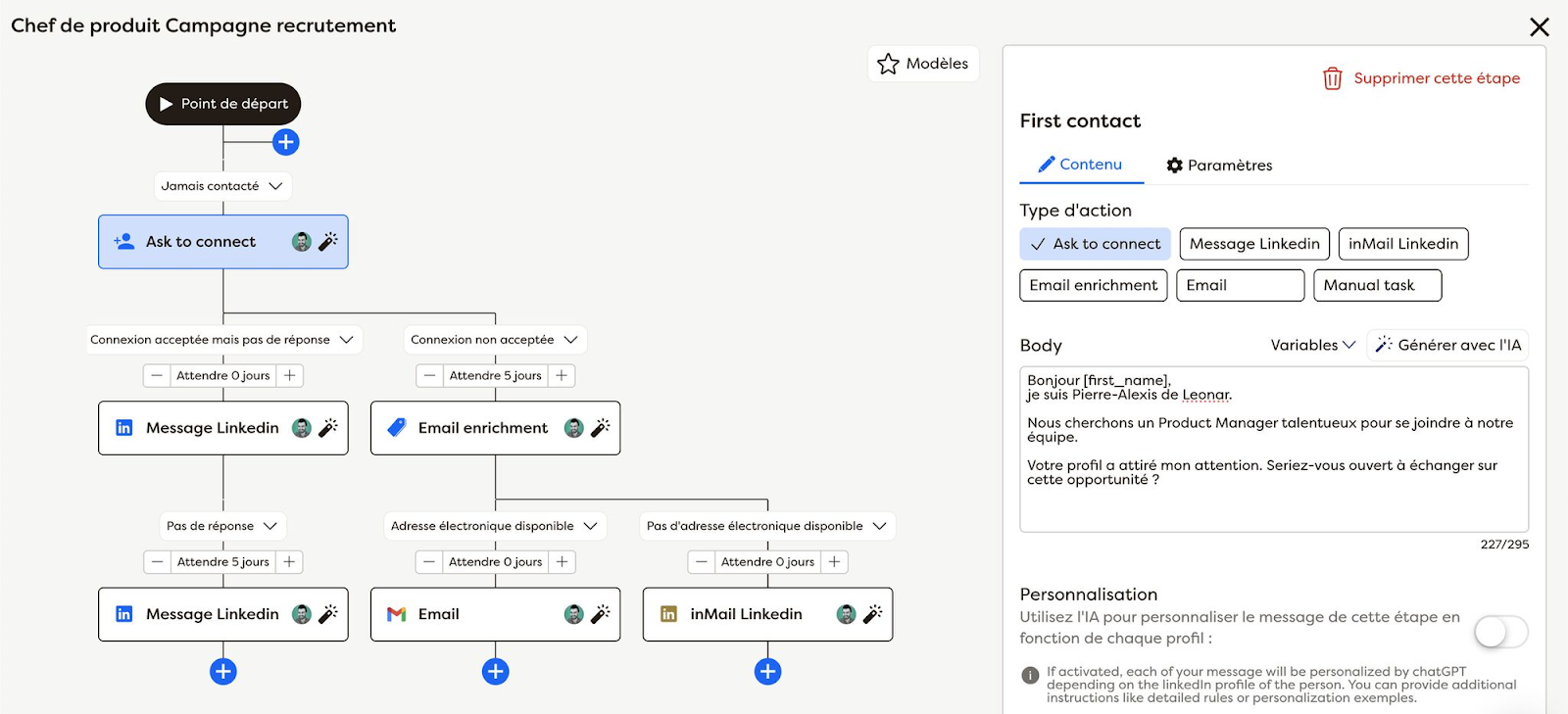 Workflow de recrutement avec différentes étapes de connexion et de contact