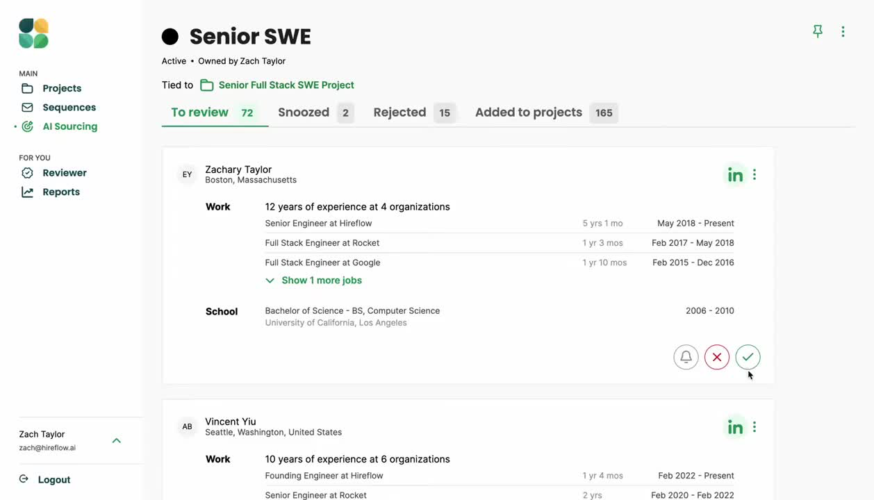 Profil de candidat SWE senior avec expérience de travail et formation