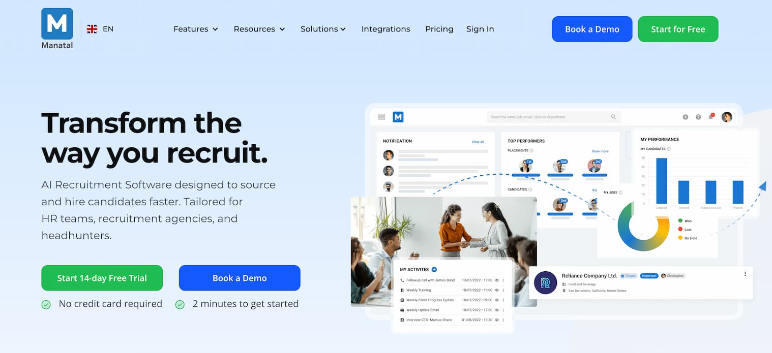 Manatal AI recruitment software dashboard showcasing candidate management features