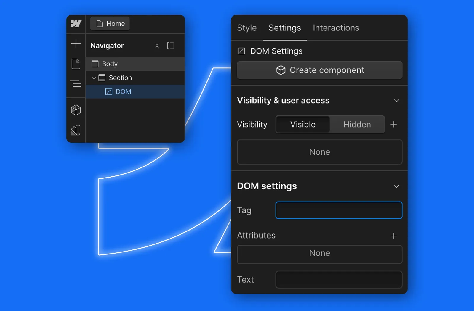 Zwei Screenshots aus der Webflow-Benutzeroberfläche. Der erste zeigt das neue DOM-Element im Navigator, der zweite zeigt die Einstellungsmöglichkeiten, wie Tag-Name und Attribute