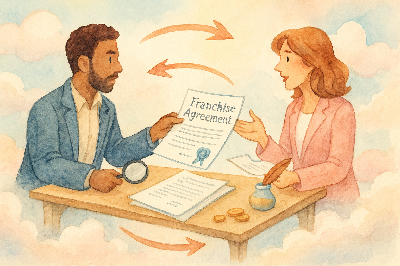 Whimsical watercolor of a franchisee and franchisor exchanging a signed “Franchise Agreement” over a wooden desk, with arrows denoting contract flow, a magnifying glass, quill pen, and scattered coins—perfect for FDD compliance audits, franchise negotiation support, franchise financing counsel, multi-unit franchise strategy, startup franchise planning, and Florida business formation attorney services.