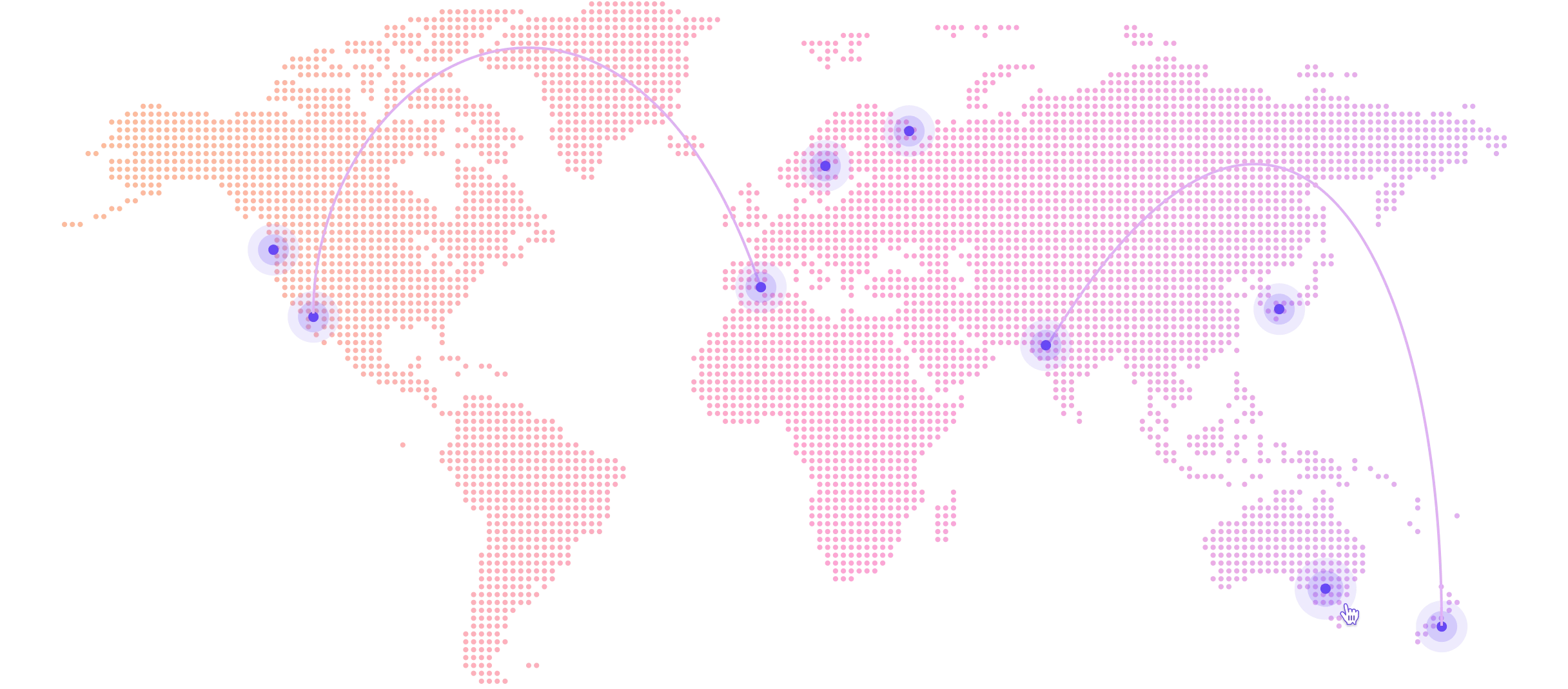 Map made with dots showing lines connected between different parts of it simulating messages shipped.