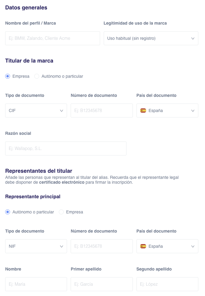 Panel de Instasent - formulario de registro de alias SMS en Ajustes > Organización > Perfil legal