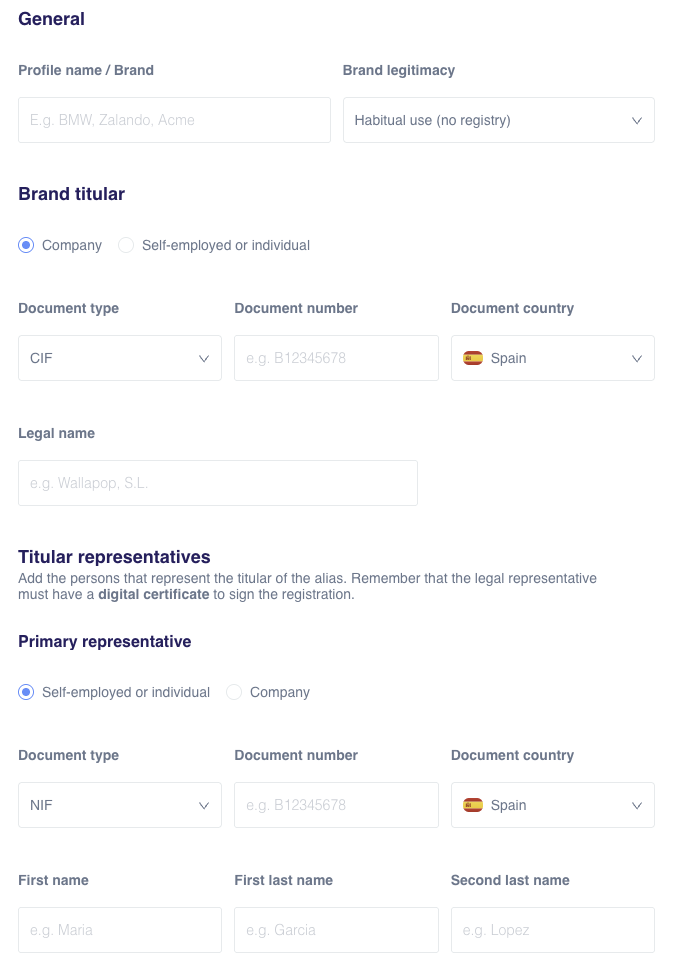 Instasent dashboard - Settings > Organization > Legal Profile form for SMS alias registration