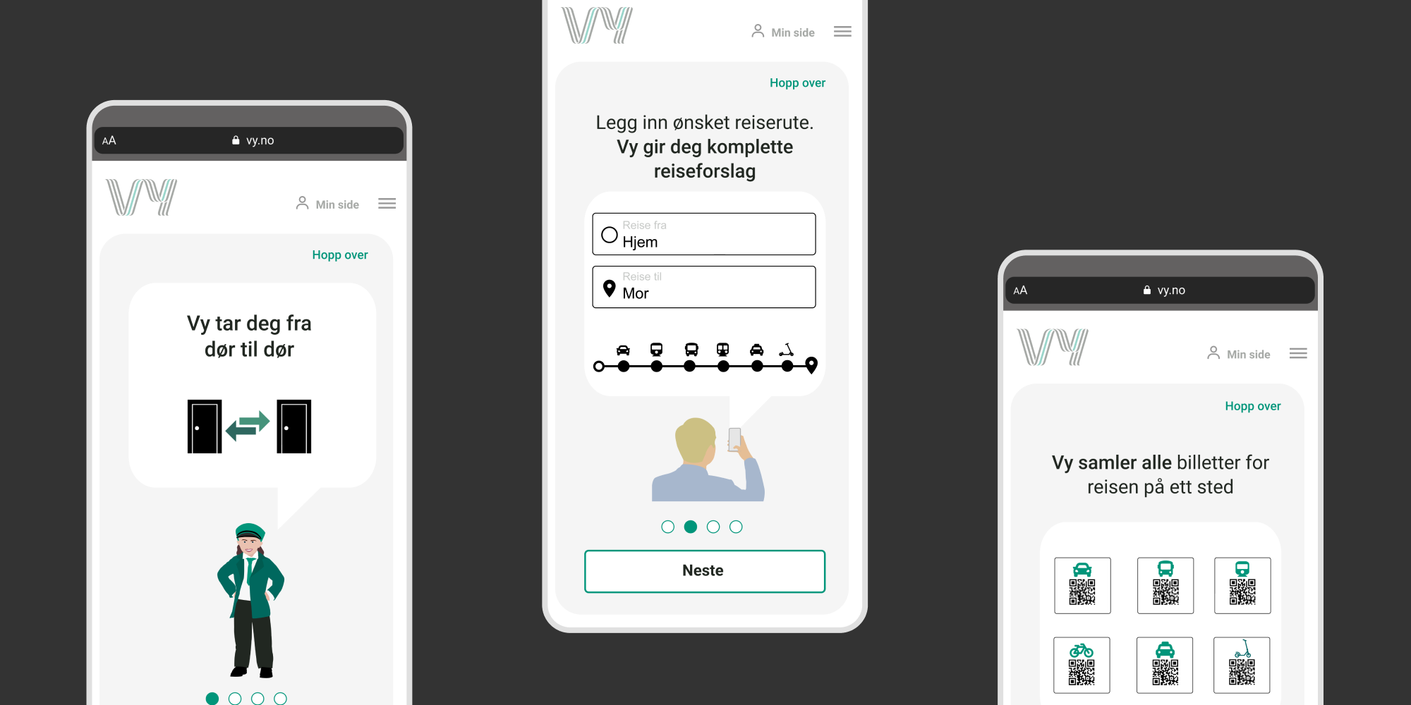 Onboarding screens for Vy webapplikasjon.