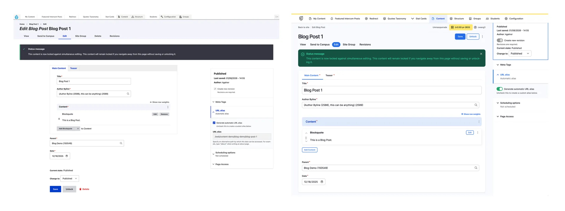 Before and after image showing the edit a page screen