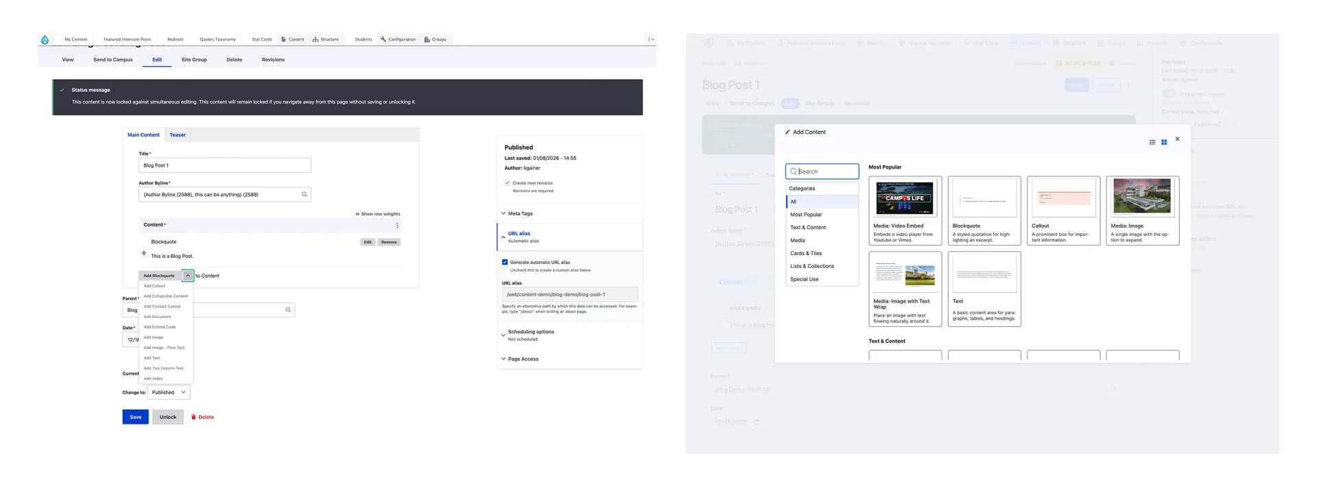 Before and after image showing how users would add a component