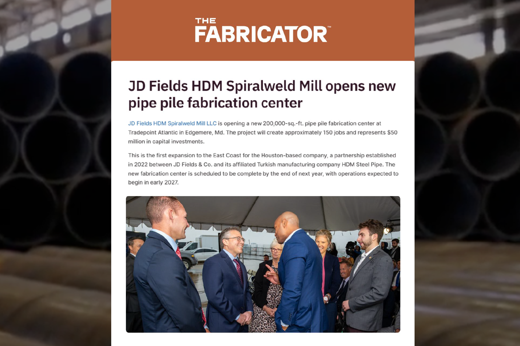 JD Fields HDM Spiralweld Mill Opens New Pipe Pile Fabrication Center