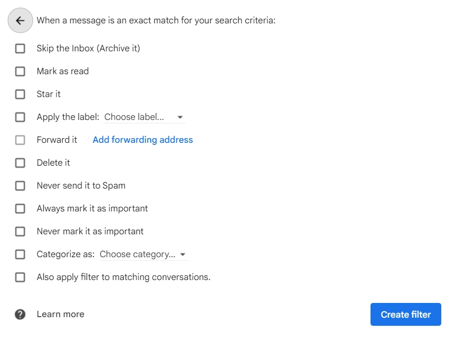 Choose your filter actions in gmail