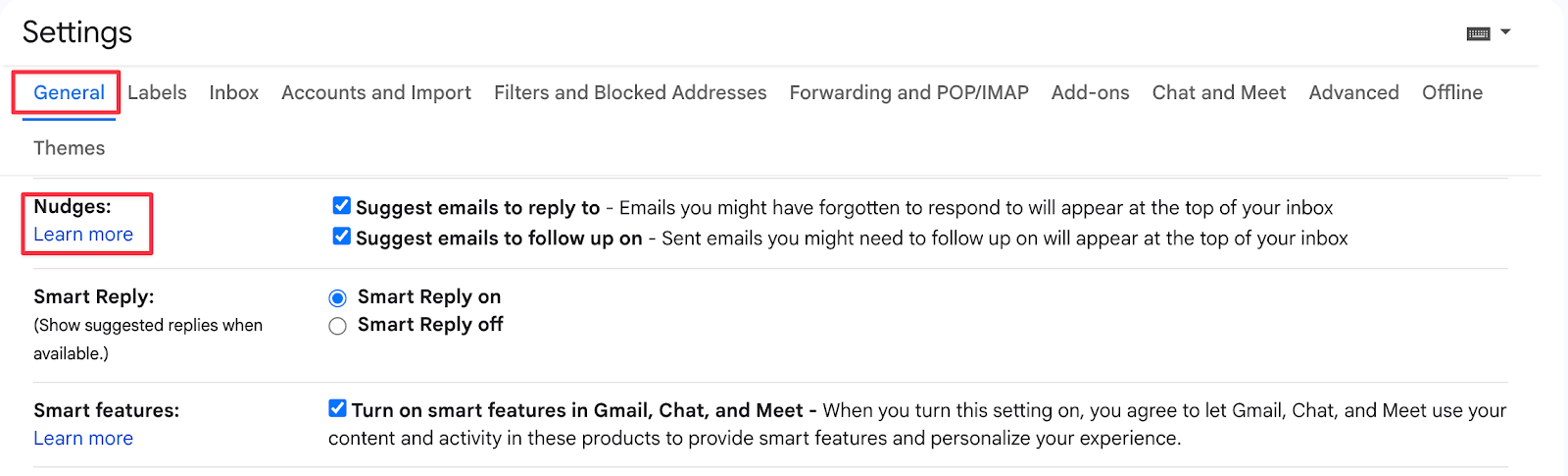 Gmail Nudge feature settings